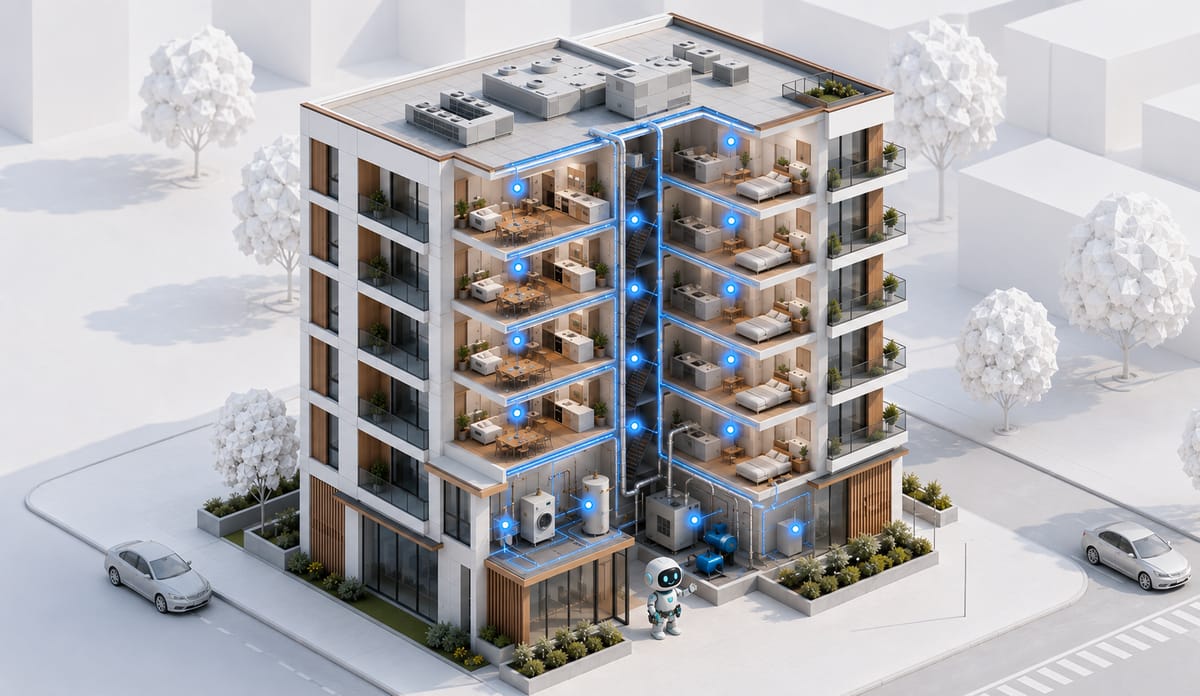 Isometric cutaway of an apartment building with every system tracked by Fixr