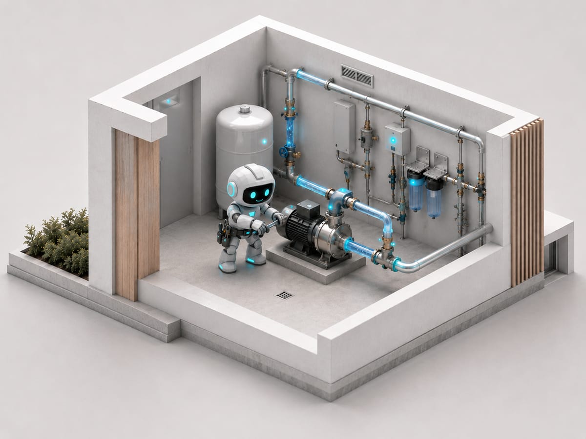 Pump room with booster pump, pressure tank, filters, and valves tracked by Fixr