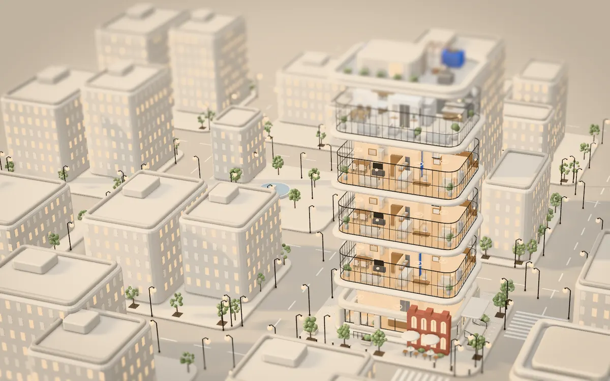 Illustrative building with its floors opened and every tracked asset lit