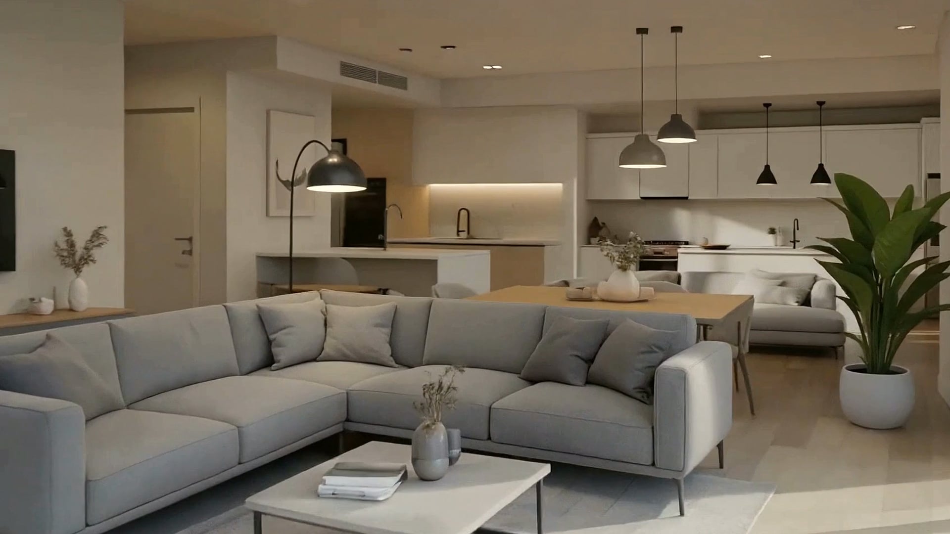 Apartment living room and kitchen with every tracked system highlighted